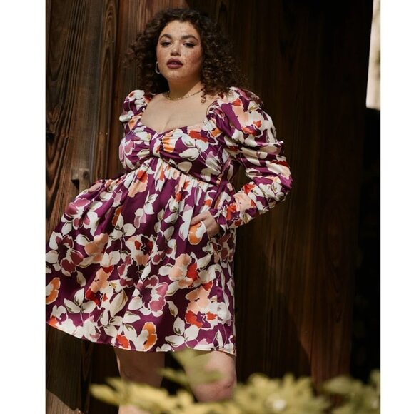 Eloquii Sweetheart Neckline Floral‎ Purple Long Sleeve Plus Mini Short Dress 16 - Picture 1 of 12
